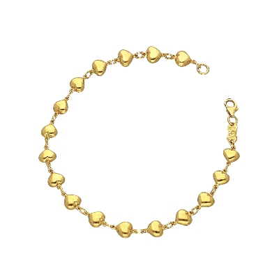 Pulsera en oro amarillo 18k con eslabones en forma de corazoncitos, 17 cm