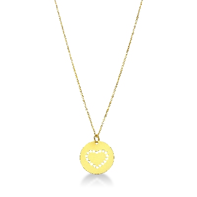 Collar en oro amarillo 18k con medalla plana y corazon calado