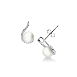 Pendientes en forma de ola de oro blanco de 18 quilates con perlas y circonitas