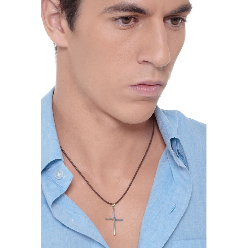 Colgante Cruz Estilizada en Oro Blanco y Amarillo 18k