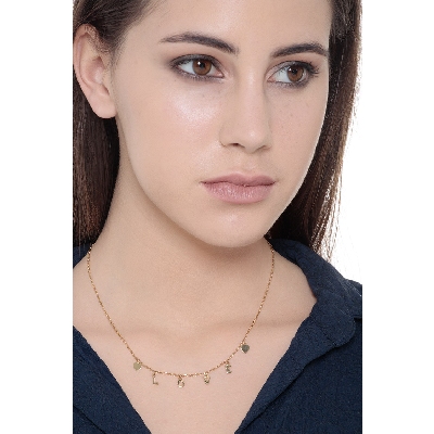 Collar en oro amarillo 18k con dos pequeños corazones e inscripción LOVE