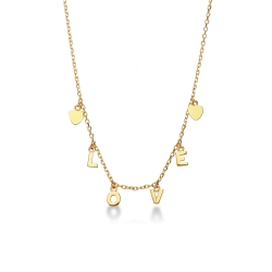 Collar en oro amarillo 18k con dos pequeños corazones e inscripción LOVE