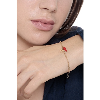 Pulsera oro 18K con herradura y cuerno rojo de la suerte