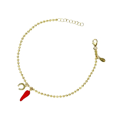 Pulsera oro 18K con herradura y cuerno rojo de la suerte