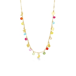 Collar en oro amarillo 18k piedras de colores y charms cm 42