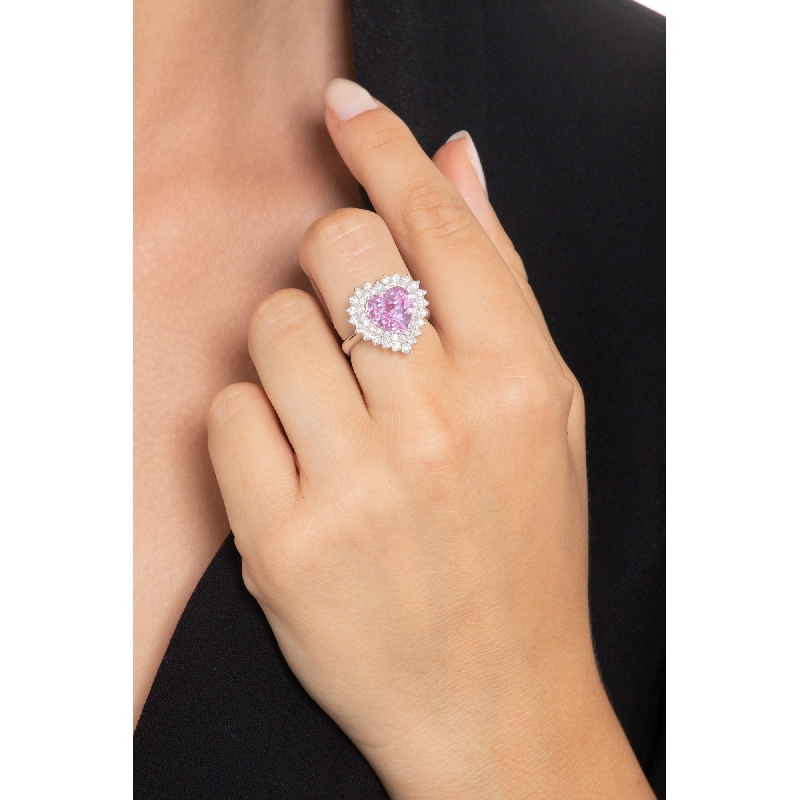 Anillo halo oro blanco 18 quilates con zafiro rosa Anillo halo oro blanco 18 quilates con zafiro rosa