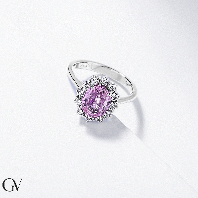 Anillo halo en oro blanco 750 con zafiro rosa y diamantes