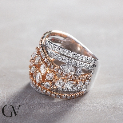 Anillo de banda en oro blanco y rosa con diamantes