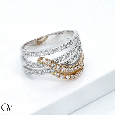 Anillo de banda en oro blanco y rosa 18k con diamantes