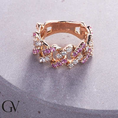 Anillo Cuban Link en oro rosa 18k con zafiros rosa y diamantes