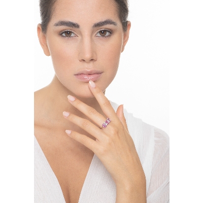 Anillo Oro Blanco 18k con tres zafiros rosa y seis diamantes