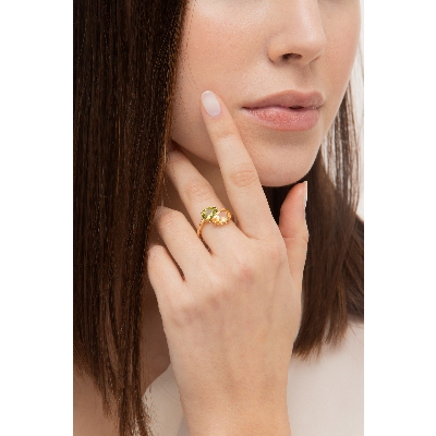 Anillo con peridoto y citrino en oro amarillo 18k con diseño de gotas