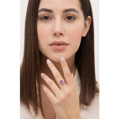 Anillo en oro amarillo 18k con zafiro rosa y amatista