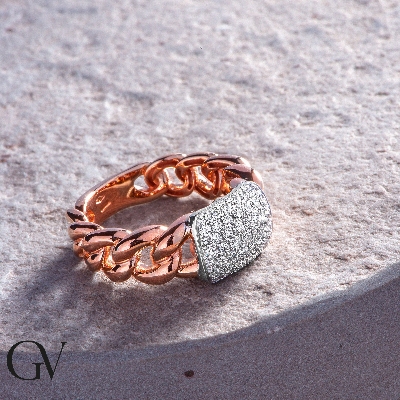 Anillo groumette en Oro Rosa y Blanco 18k con rectángulo de diamantes