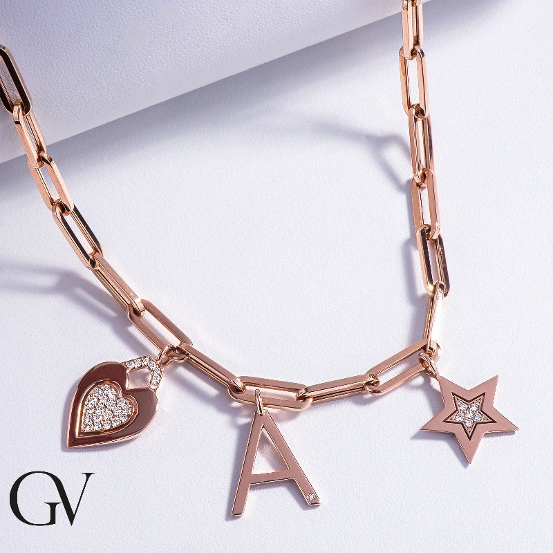 Collar rolò en oro rosa 18k estrella, corazón y letra A Collar rolò en oro rosa 18k estrella, corazón y letra A