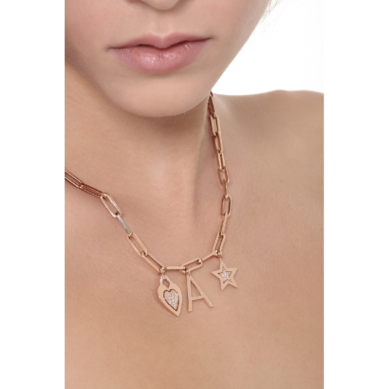 Collar rolò en oro rosa 18k estrella, corazón y letra A Collar rolò en oro rosa 18k estrella, corazón y letra A