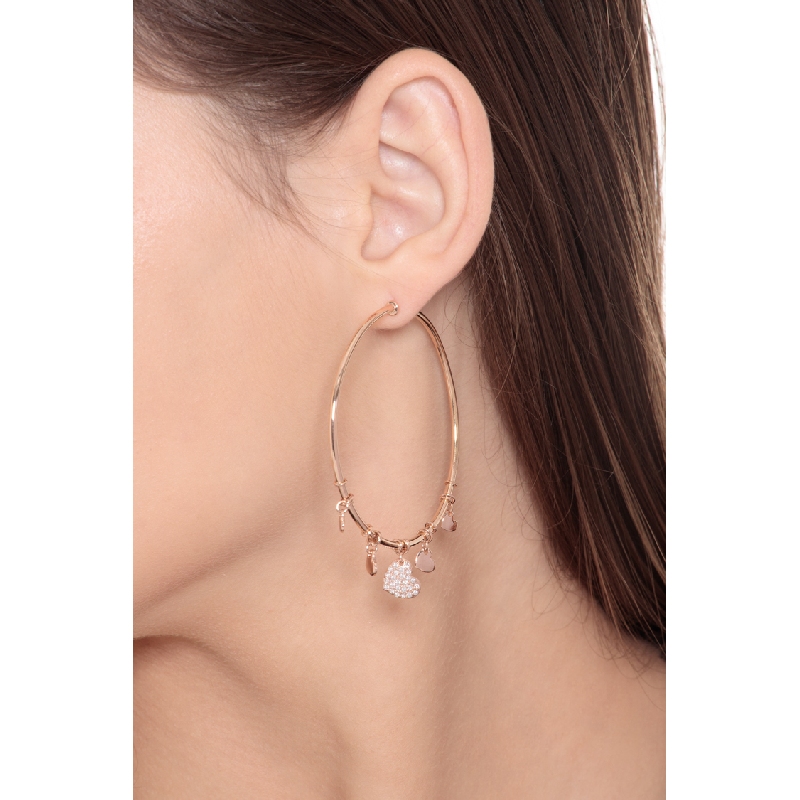 Pendientes aro oro rosa 18k con corazón y diamantes