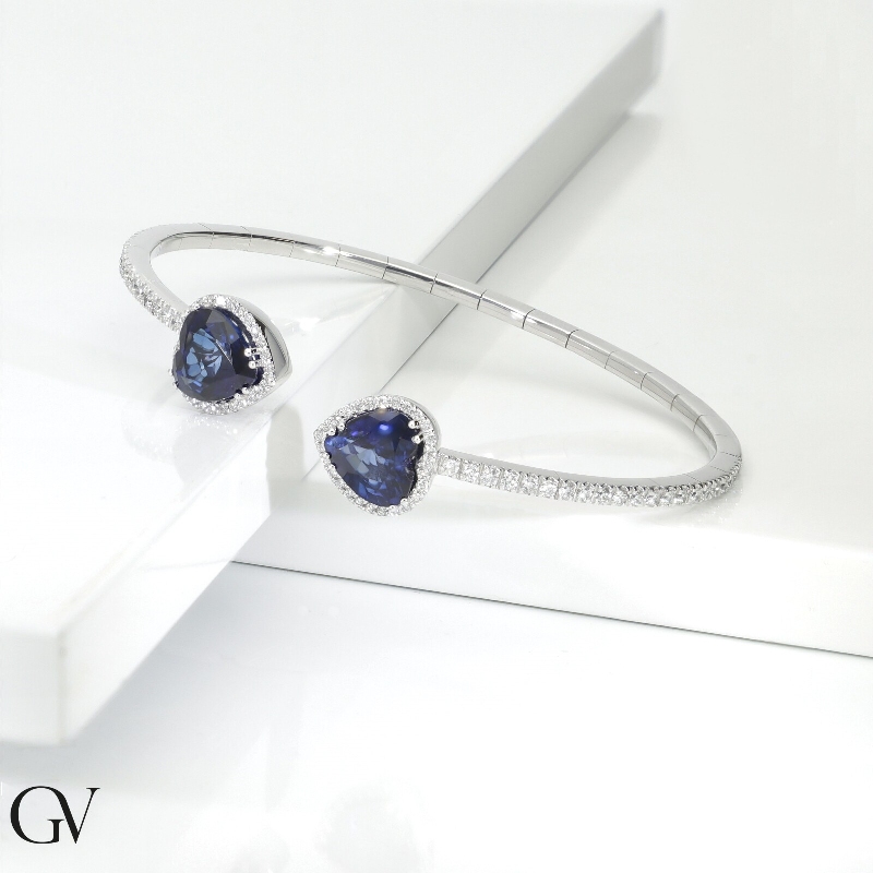 Pulsera oro blanco 18k zafiros corazón y diamantes