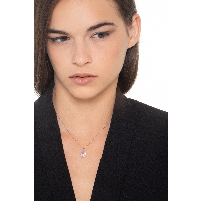 Collar en Oro Blanco 18k con Colgante Corazón, Zafiro Rosa y Diamantes