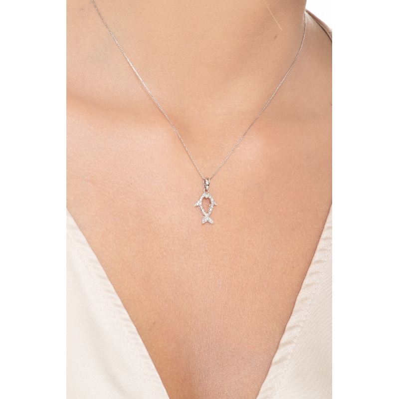 Collar oro blanco 18 quilates con colgante pez en diamantes