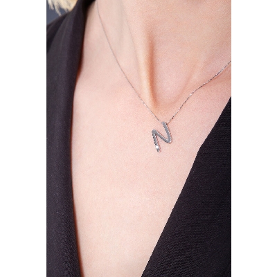 Collar oro blanco 18k letra N diamante