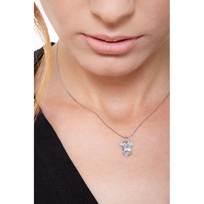 Collar oro blanco 18k con forma de hoja con diamantes y aguamarina