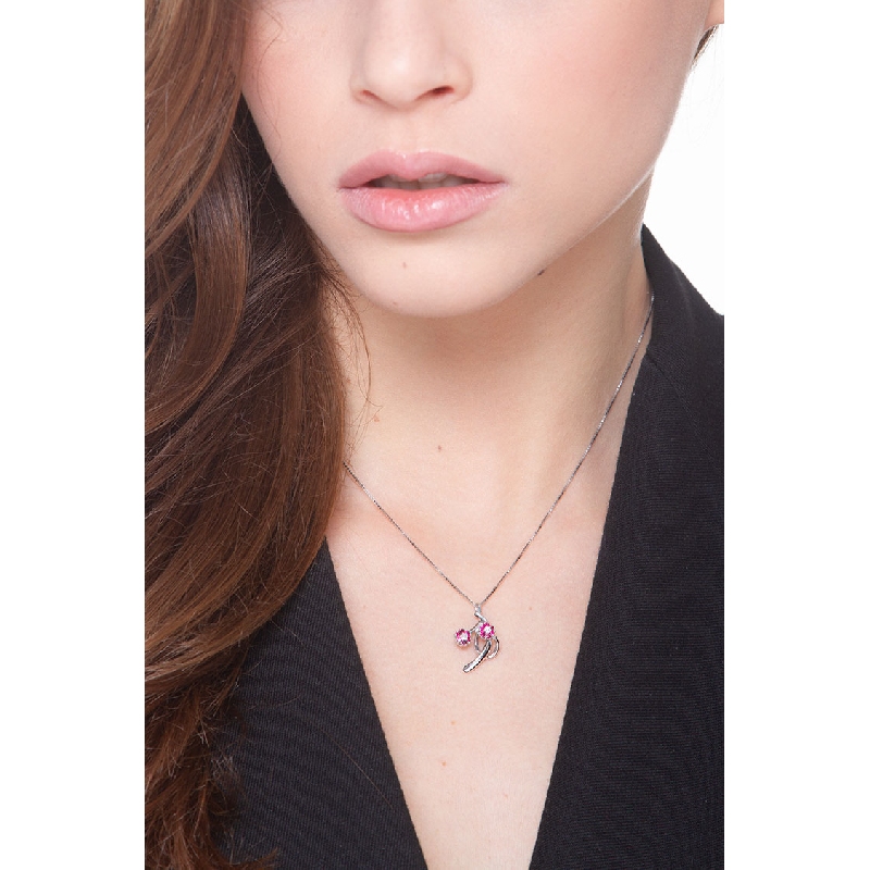 Collar mujer con flores en oro blanco 18k con rubies y diamantes