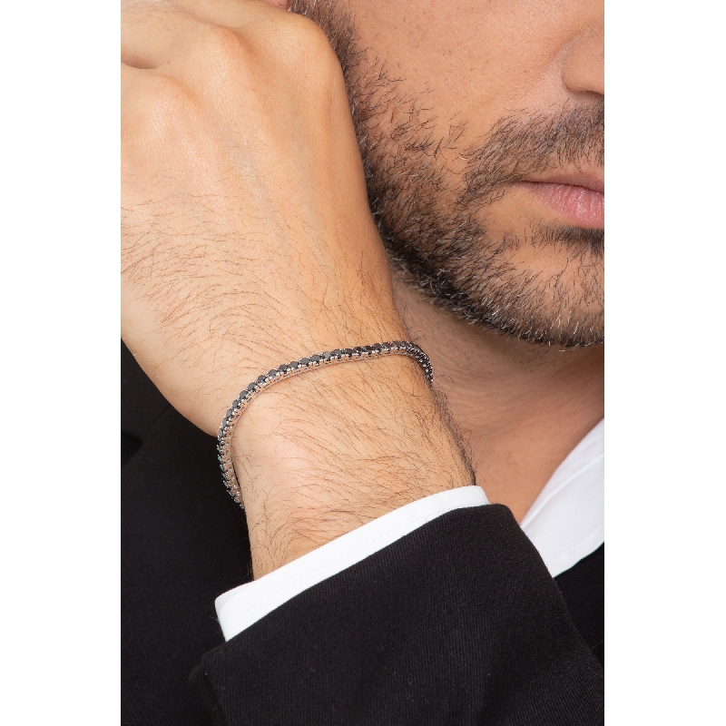 Pulsera Tennis de Eslabones Cuadrados en Oro Blanco 18k con Diamantes Negros