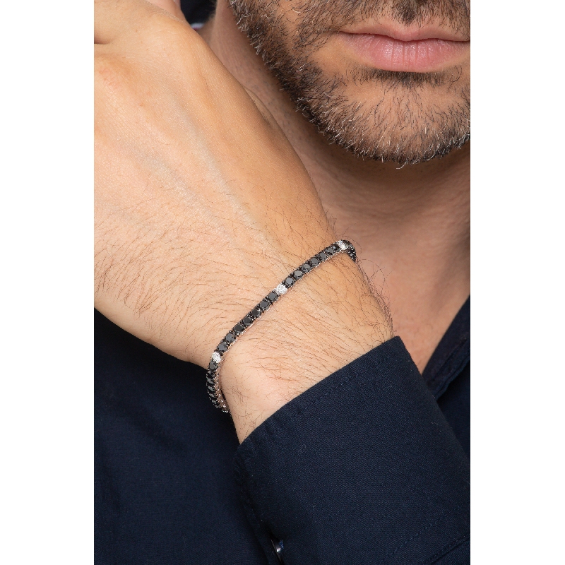 Pulsera de tenis en oro blanco 18k con diamantes negros alternados con diamantes  Pulsera de tenis en oro blanco 18k con diamantes negros alternados con diamantes