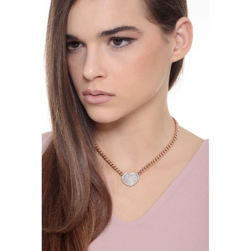 Collar groumette oro rosa 18k con corazón de diamantes