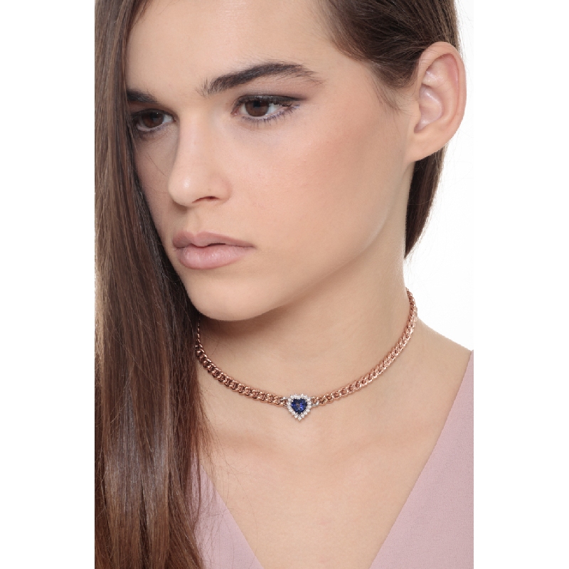 Collar groumette oro rosa 18k con corazón y zafiro azul