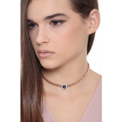 Collar groumette oro rosa 18k con corazón y zafiro azul