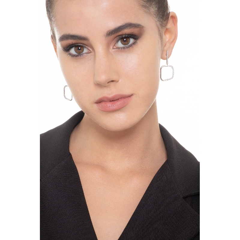 Pendientes colgantes en oro blanco 18k cuadrado y diamantes