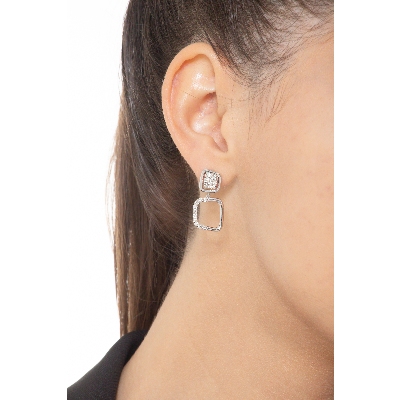 Pendientes colgantes en oro blanco 18k cuadrados y diamantes