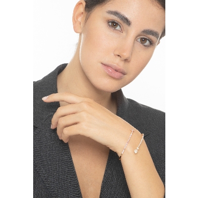 Pulsera Semi Rígida en Oro Rosa 18K con Corazones Diamantes y Zafiros Rosas