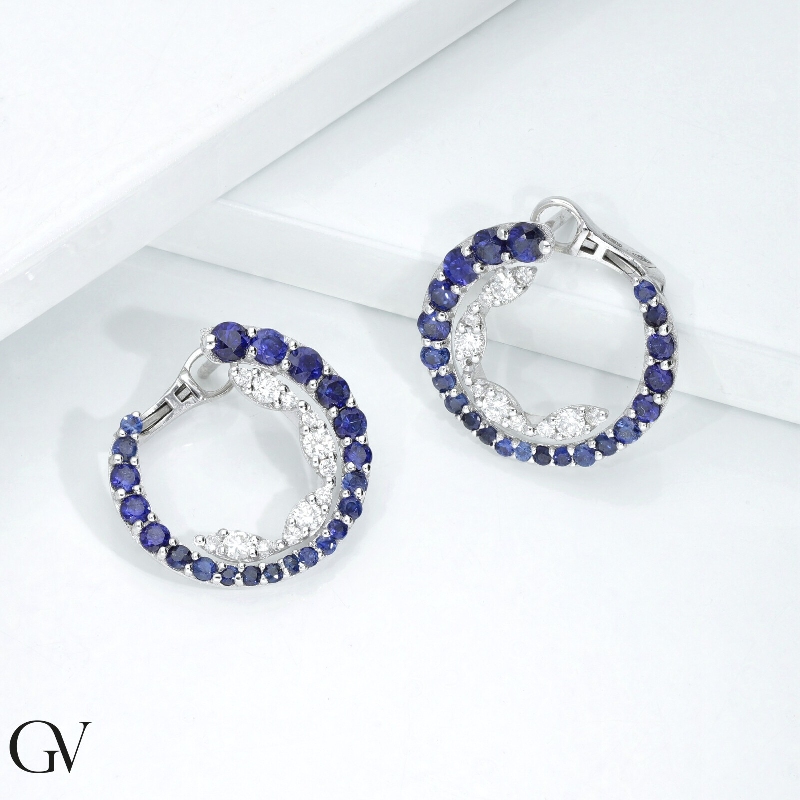 Pendientes aro Oro Blanco 18k con zafiros y diamantes