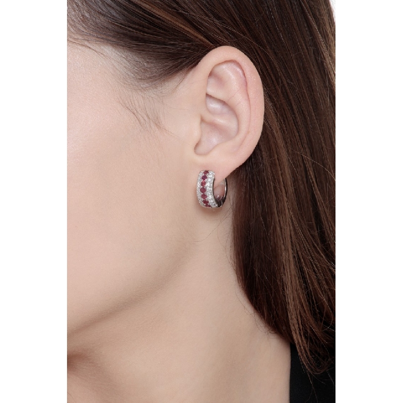 Pendientes de aro en oro blanco 18k con rubíes y diamantes