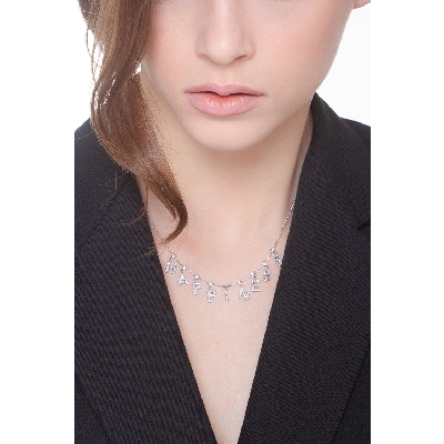 Collar en Oro Blanco 18k con la Palabra HAPPINESS y diamantes