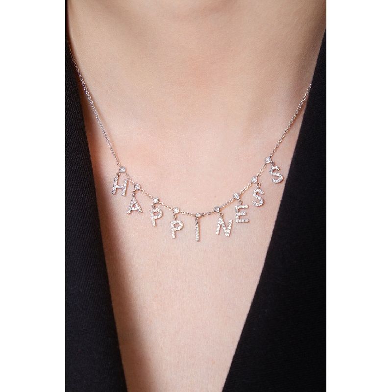 Collar en Oro Blanco 18k con la Palabra HAPPINESS y diamantes Collar en Oro Blanco 18k con la Palabra HAPPINESS y diamantes