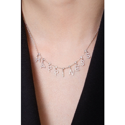 Collar en Oro Blanco 18k con la Palabra HAPPINESS y diamantes