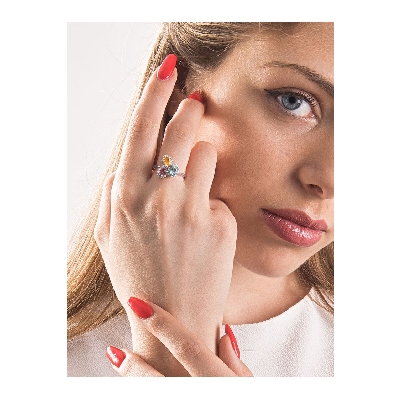 Anillo en oro blanco de 18 quilates con citrino, amatista y aguamarina