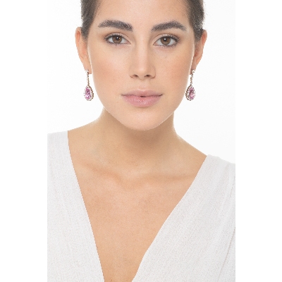 Pendientes halo en oro blanco 18k con zafiros rosas y diamantes brillantes