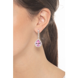 Pendientes halo en oro blanco 18k con zafiros rosas y diamantes brillantes 2