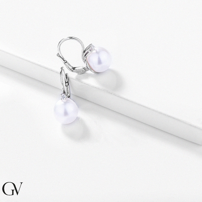 Pendientes oro blanco 18k con perlas 9 mm y diamantes