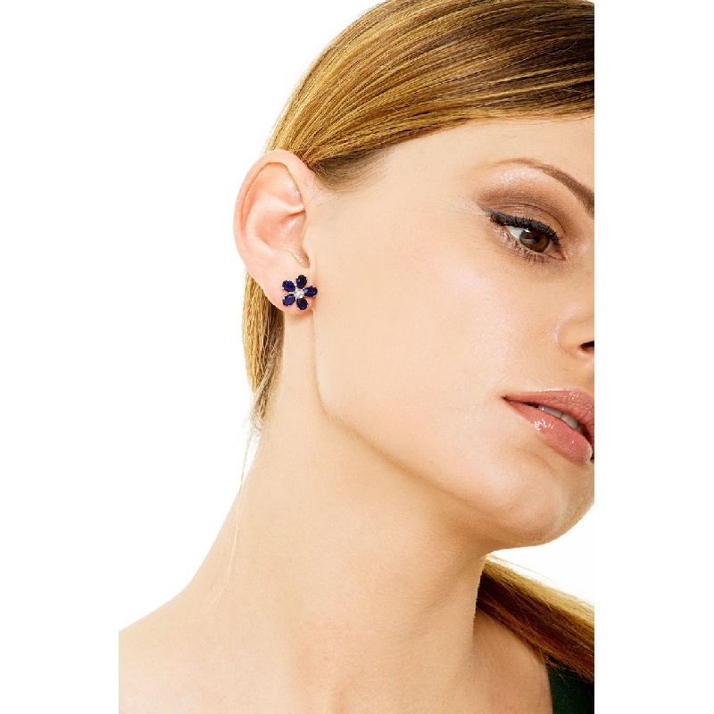 Pendientes flor Oro Blanco 18k con zafiros azules y diamante