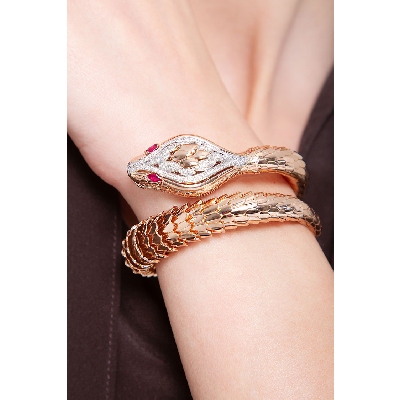 Pulsera Serpiente Oro Blanco y Rosa 18k con Diamantes y Rubíes
