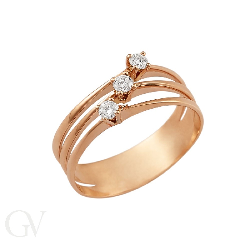 Anillo tres bandas en oro rosa 18k con tres diamantes