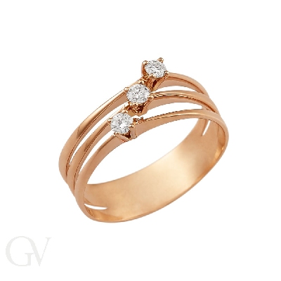 Anillo tres bandas en oro rosa 18k con tres diamantes