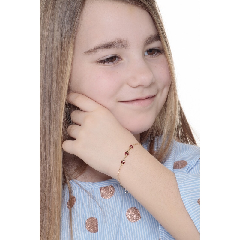Pulsera infantil con tres mariquitas esmaltadas en oro amarillo 18k