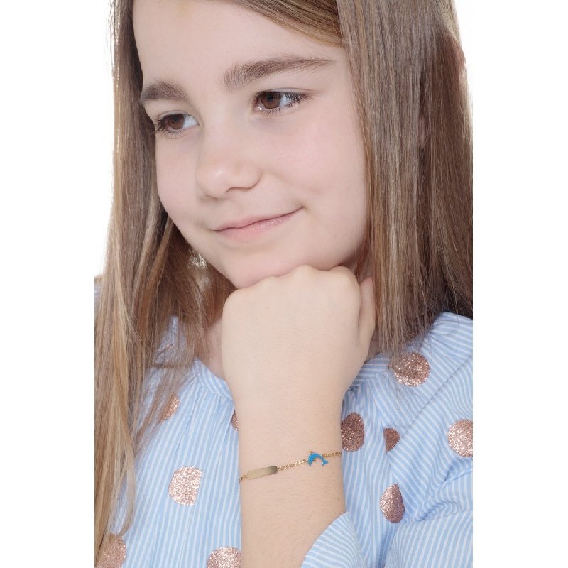 Pulsera infantil en oro amarillo 18k con placa y delfín